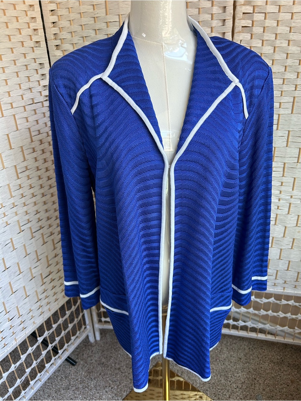 MISOOK XL Royal Blue Open-Front Cardigan, Sweater Blazer Top White Piping Womens
